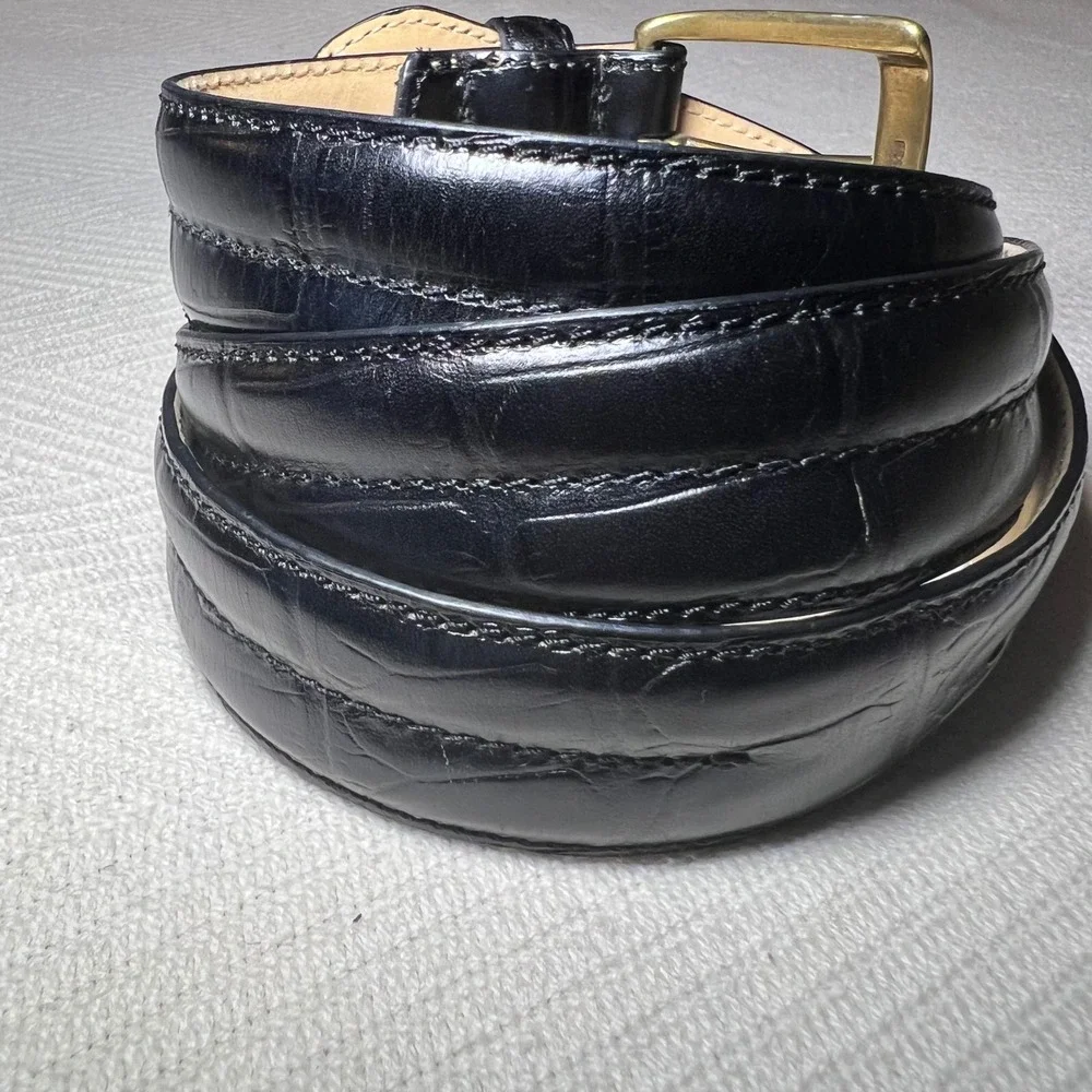 Bosca Essentials Mens Black Italian Leather Croc Embossed Belt Brass Buckle 36